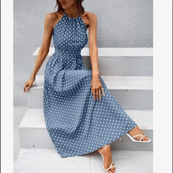 Boho Polka Dot Halter Maxi Dress Brown - Picture 9 of 13